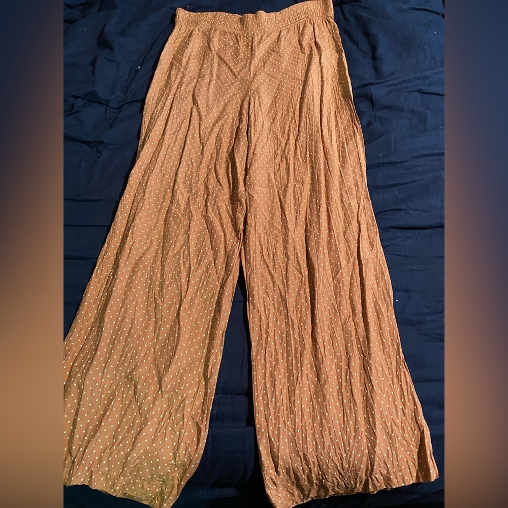 Maxou Linen Wide Leg Pants Caramel Brown with White Micro Polka Dot Print